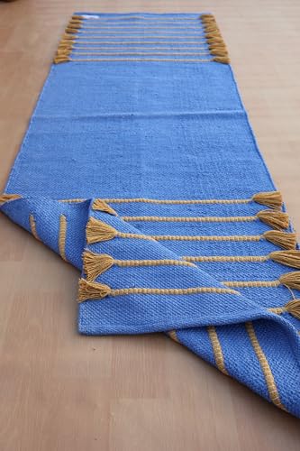 Jaipur Art & Rugs Cotton Yoga Rug - Eco-Friendly Hand-Woven Thick Mat (24”x72”x5mm) for Everyday Fitness at Home - Comfortable & Extra-Long - color: Light Blue-Yellow