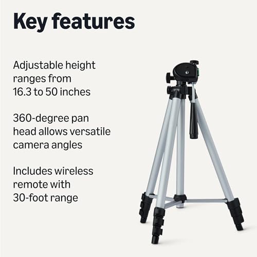 Amazon Basics 50" Lightweight Tripod for Camera and Phone with Travel Bag, Remote Control, Height Adjustable, 360-Degree Rotation, Aluminum, Silver - size: 50-in, style: Tripod with Remote & Phone Holder