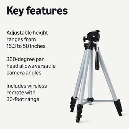 Amazon Basics 50" Lightweight Tripod for Camera and Phone with Travel Bag, Remote Control, Height Adjustable, 360-Degree Rotation, Aluminum, Silver - size: 50-in, style: Tripod with Remote & Phone Holder