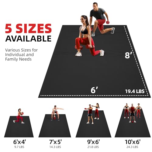 GymCope Extra Large Exercise Mat 10'x6'/9'x6'/8'x6'/7'x5'/6'x4' (8mm) - color: 8'x6'x8mm-Black