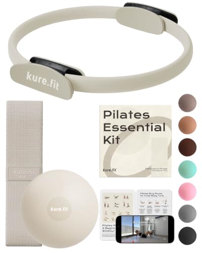 Pilates Kit | Pilates Equipment Set for Home Workouts | Accessories & Guide | Matching-color Pilates ball, Pilates ring, resistance bands, Pilates accessories, video tutorials & gift box for home use. - color: Beige, style: Essential Kit - 3PC