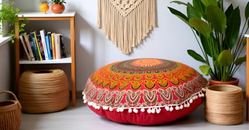 Large Round seat Floor Cushion Chair Ottoman Cover Pouf Pillow Meditation Floor Cushions for Adults Seating pouffe Ottoman Throw Covers Craft Room Furniture Sitting Cover 22 Inches Red Yellow - color: Red Yellow