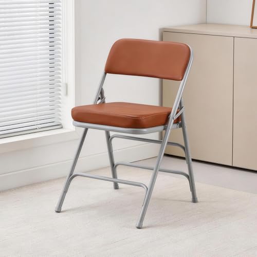 Padded Folding Chair Indoor Metal Frame Foldable Chair Brown | Comfortable Thick Vinyl Cushion Seat Durable Elegant Upholstered Single Chair for Small Space Home, Office and Events - color: Brown