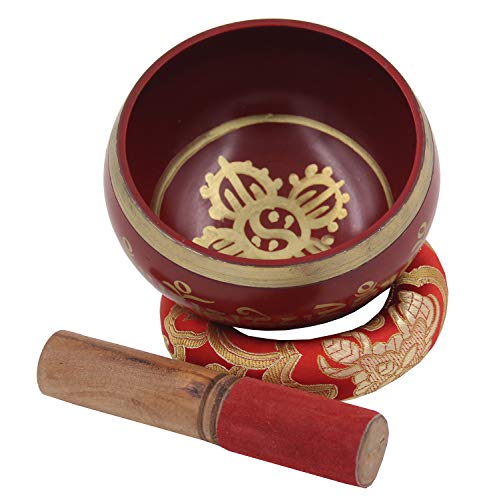 DharmaObjects Tibetan Meditation Om Mani Padme Hum Peace Singing Bowl With Mallet (Medium, Red) - color: Red, size: Medium
