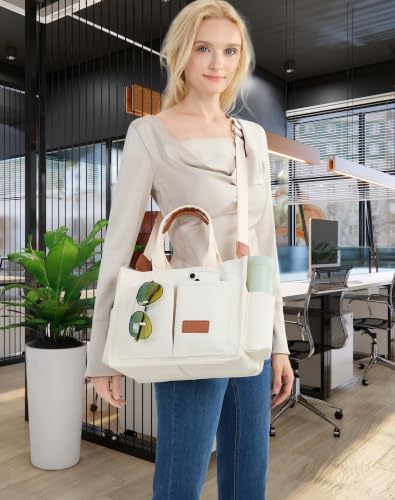 ZHMO Canvas Tote Bag for Women,Women's Bags Crossbody Bags Work Laptop Tote Bag Large Handbags Purse for Travel Nurse Teacher - color: New Upgrade White With Compartments and Side Cup Holders