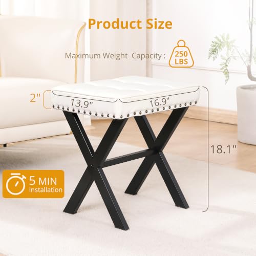 LUE BONA White Vanity Stool - Square Faux Leather Makeup Seat With Metal X Legs, Small Ottoman Chair for Makeup Room, Living Room, Bathroom - Padded Foot Rest - color: White Color
