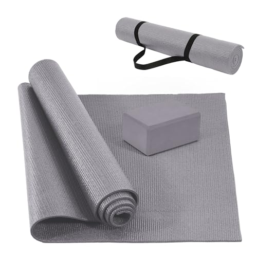 Fitvids All Purpose Thick High Density No Tear Exercise Yoga Mat with Strap & Lightweight Features for Indoor & Outdoor Use - color: Gray