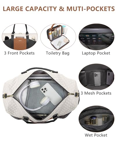 Women Weekender Travel Duffle Bag: Travel Duffel Overnight Bags with Shoe Compartment Large Carry on Tote with Toiletry Bag Weekend Traveling Yoga Gym Hospital Bag for Women with Wet Pocket - color: 10-Black Beige Brown, size: Large