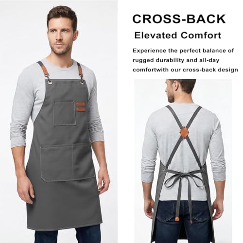 ZOMAO Chef Apron for Women Men with Large Pockets, Cotton Canvas Cross Back Waterproof Work Aprons for Kitchen Cooking Bib - color: Grey