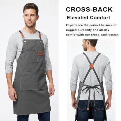 ZOMAO Chef Apron for Women Men with Large Pockets, Cotton Canvas Cross Back Waterproof Work Aprons for Kitchen Cooking Bib - color: Grey
