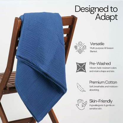 Salt Earth 100% Cotton Gauze 80"X90" Queen 4 Layered Blanket- Navy Blue | Premium Muslin Blanket for Couch,Bed,Living,Summer Lightweight, All Seasons Blankets & Throws, Boho,Travel & Skin Friendly - color: Navy Blue, size: 80"X90" Queen