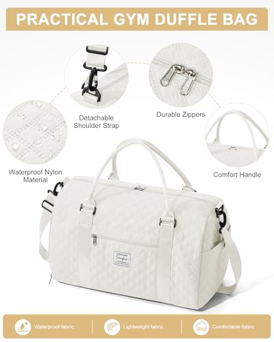 Gym Duffle Bag for Women with Shoe Compartment Waterproof Travel Tote Bags Personal Item Carry On Weekender Overnight Bags with Toiletry Bag Swimming Yoga Bags Hospital Holdalls Beige - color: C5-Grid-Beige