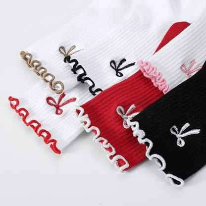 Women's Pilates Grip Socks, Ruffle Non Slip Bow Pattern Yoga Socks | Grippy, Frilly Trim, Embroidery, Crew Length, Soft Cotton, Arch Support, for Barre Ballet Dance Workout Hospital Home Gifts - color: B06-bow-red+black