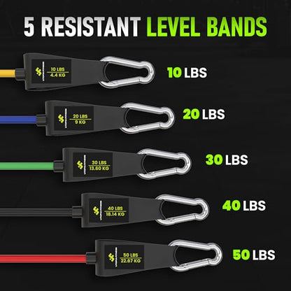 Resistance Bands with Handles Set of 5 (10–50 lbs), Home Gym Workout Kit