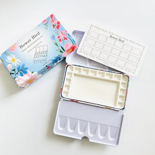 Bower Bird Travel Watercolor Palette,Portable Ceramic Palette 16 Well,Empty Paint Palette,Small Travel Metal Paint Boxwith Porcelain Palette (16Well) - size: 16 Wells