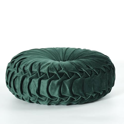 HIG Set of 2 Emerald Velvet Decorative Round Pleated Throw Pillows - color: Emerald