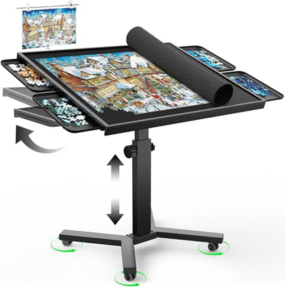 1500 Piece Jigsaw Puzzle Table with Legs, 35.43"x27.87" Metal Puzzle Tables for Adult (Stability Tested & Ergonomic), Adjustable Height & Tilt Angle, Wooden Puzzle Board with 4 Drawers & Cover - color: Black（1500pcs）
