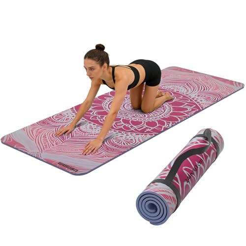 TPE Printed Yoga mat 72"x24"Thick 0.24”Non-Slip Fitness Exercise Mat | uede Printed Cute Lotus 6mm Yogamat Pilates Mats,with Strap for Women Men Outdoor Travel Home Workout Gym Floor Workout - color: pink lotus