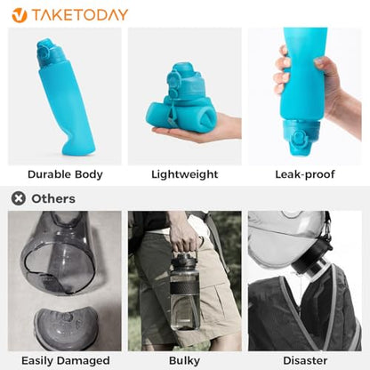 TakeToday Collapsible Water Bottles, Foldable for Travel, 32oz, Blue | Compact Foldable Travel Bottle with Straw, TSA-Approved Leakproof Silicone, BPA-Free for Hiking & Outdoors - color: Blue