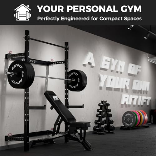 RitFit 2.36'' x 2.36'' Folding Squat Rack for Home Gym, Wall Mounted Squat Rack with Attachments - Space Saving Squat Power Rack - color: Black, style: Folding Squat Rack with RP230LBS