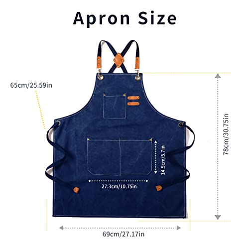 Tosewever 2 Pack Canvas Cross Back Chef Apron for Men Women with Pockets, Cotton Tool Aprons for Cooking Kitchen BBQ Artist - color: Blue