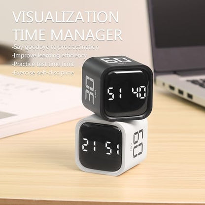 Digital Cube Pomodoro Timer Desk Rechargeable Productivity Timer 5/10/30/60min & Custom Countdown, Vibration & Adjustable Sound Alarm,for Task Work Kitchen ADHD Kids Studying (Black) - color: Black