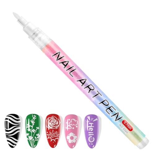 Kalolary 1PCS White Nail Art Pens 0.7mm Nail Polish Pens Quick Dry | Long-last Nail Graffiti Dotting Painting Liner Nail Art Markers for DIY Nail Art Design - color: White