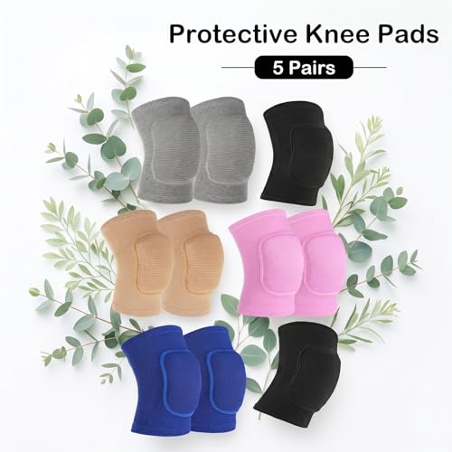 5 Pairs Volleyball Knee Pads Women, Dance Knee Pads Women, Yoga Knee Pads, Knee Pads Dance Non-Slip Protective Knee Sleeves for Sports (M, Black, Pink, Blue, Gray, Nude)