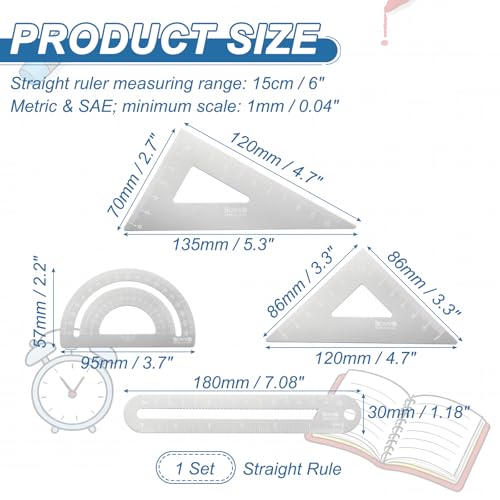 HARFINGTON 4pcs Triangular Ruler Set 15cm/6" Aluminum Alloy Straight Geometric Protractor Triangle Engineering Scale Drafting Ruler Kit Measuring Drawing Tool for Classroom Home, Silver White - color: Silver White