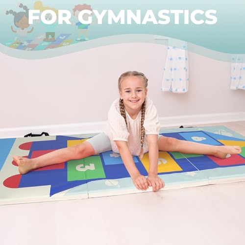 Kangaroo Hoppers Gymnastics Tumbling Mats Foldable Gym Tumble Mat for Kids - color: Blue-Hopscotch Design, size: 3×6FT×1''