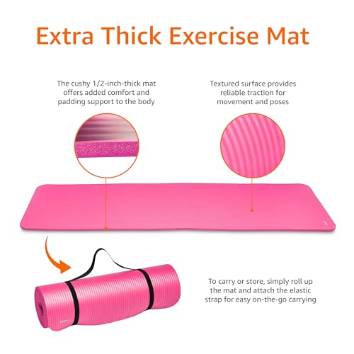 Amazon Basics Extra Thick Exercise Yoga Mat with Carrying Strap - color: Pink, style: 1/2 Inch