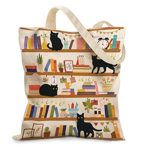 Aesthetic Canvas Tote Bag for Women - with Magnetic Snap Closure & Zipper Inner Pocket Reusable Bag for Shopping - color: Bookshelf Cat