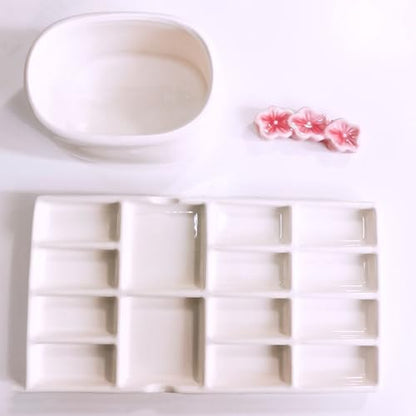8" Porcelain Watercolor Palette - 14 Well Ceramic Artist Paint Palette with Mixing Tray for Painting and Craft Projects
