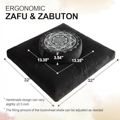 Ultimate Meditation Cushion Set – 2-in-1 Zafu & Zabuton, Buckwheat & Memory Foam, Velvet Cover for Yoga & Mindfulness (Black) - color: Black