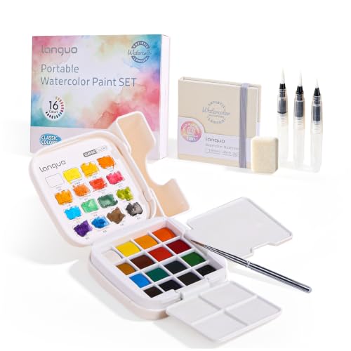 Mini Watercolor Paint Set 16 Colors, Travel Art Kit All-in-One | 3 Water Brush Pens, 1 Detail Pen, 2 Palettes, 1 Watercolor Book, 1 Bottle, for Travel, Outdoor Sketching (Classic Color) - color: Classic Color