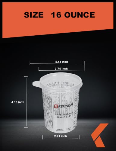 KREFINISH 16 OZ Paint Mixing Cups Graduated Disposable Clear Plastic Epoxy Measuring Cups (Box of 96 Cups & 12 Lids) Use for Automotive Painting, Resin, Acrylic, Arts, Pigments - Mixing Ratios - size: 16 Ounce