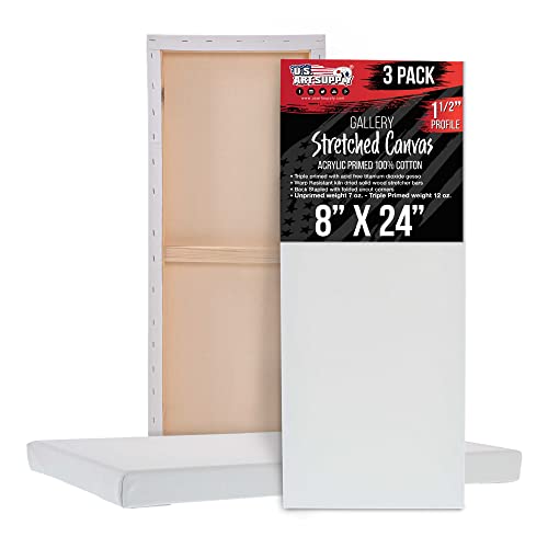 U.S. Art Supply Rectangle Stretched Canvas for Painting 8x24 inch Gallery Depth 1-1/2" Thick, 3-Pack - 12oz Acrylic Gesso Triple Primed, Professional Artist Quality, 100% Cotton - Oil, Pouring Paint - size: 8" x 24"