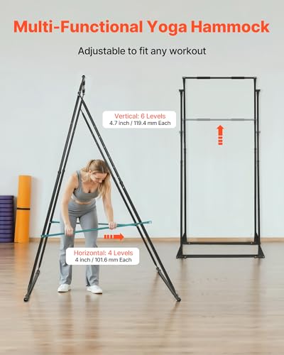 VEVOR Yoga Stand Frame, Max 440.9 lbs Load Swing Stand, Triangular Structure Aerial Rig, Aerial Silk Stands with EVA Foam & 6.6-Yard Yoga Hammock, 4-Level Horizontal & 6-Level Vertical Adjustment