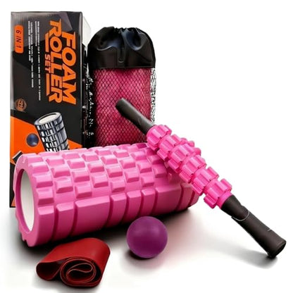 Aucuu 6 in 1 Foam Roller Set Includes Hollow Core Massage Roller, Yoga Stick, Massage Ball, Fitness Stretching Strap, Carrying Bag, Towel, Massage Roller (Pink) - color: Pink