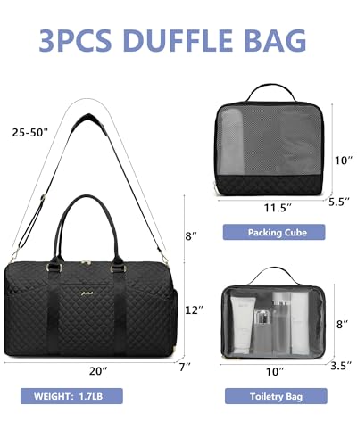 Women Weekender Travel Duffle Bag: Travel Duffel Overnight Bags with Shoe Compartment Large Carry on Tote with 2 Toiletry Bags Weekend Traveling Yoga Gym Hospital Bag for Womens with Wet Pocket Black - color: 19-Black - 3 PCS, size: Large