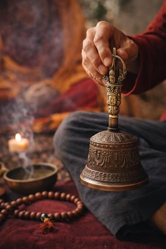 Tibetan Dharma Object Bell and Bajra Set - Alter Pray Singing Bowl Hand Bell Handmade Buddhist Meditation Bell by Himalayan Bazaar (14cm x 7.3cm) - color: Large Bell