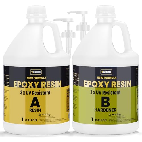 TAKIMO 2 Gal 3X UV Resistant Crystal Clear Epoxy Resin Kit, 1:1 High Gloss | Non-Yellowing Formula, Bubble-Free, Self-Leveling, Art, Crafts, Jewelry, Casting, Coating and Tabletop Projects - size: 2 Gallon