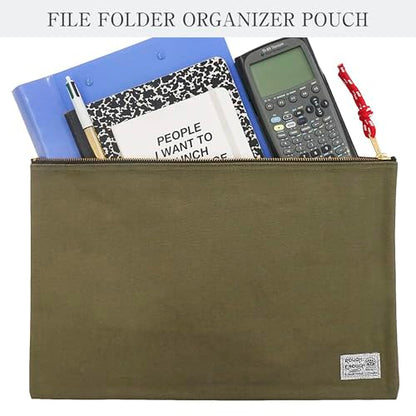 Rough Enough Important Document Storage, File Folder Organizer Pouch Green | 16oz waxed canvas, Water-Resistant nylon, YKK zipper. 16x11in fits even a tablet，Red inner lining，Office and travel