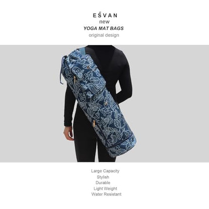 ESVAN Yoga Mat Bag with Multi Pockets Drawstring Yoga Mat Carrier Pilates Exercise Multi-Functional Storage Bag - color: Canvas Navy Leaf