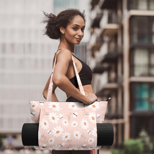 Yoga Bag for Women, Large Canvas Yoga Mat Tote Bag with Yoga Mat Carrier - color: Pink Daisy