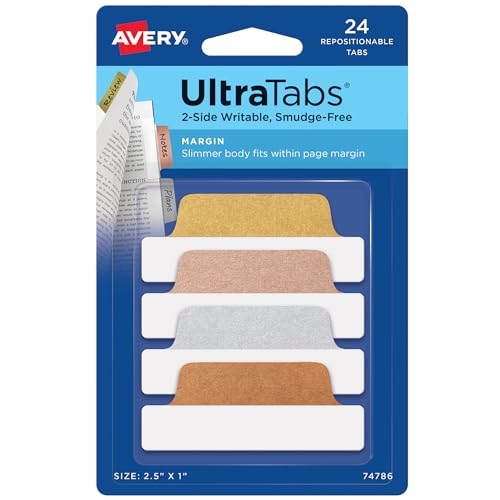 Avery® Margin Ultra Tabs®, 2.5" x 1", 2-Side Writable, Assorted Metallic, 24 Repositionable Page Tabs (74786) - color: Assorted Metallic, style: 24 tabs