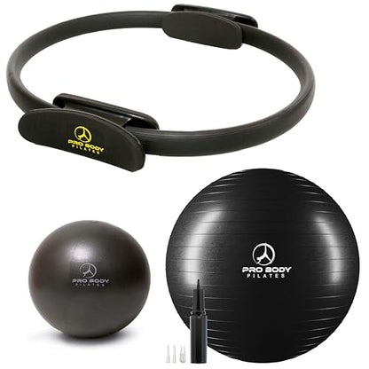 ProBody Pilates Black 14" Magic Circle, 9" Mini Exercise Ball and 65 cm Yoga Ball (3pcs) for Stability, Barre, Yoga, Core Training and Physical Therapy