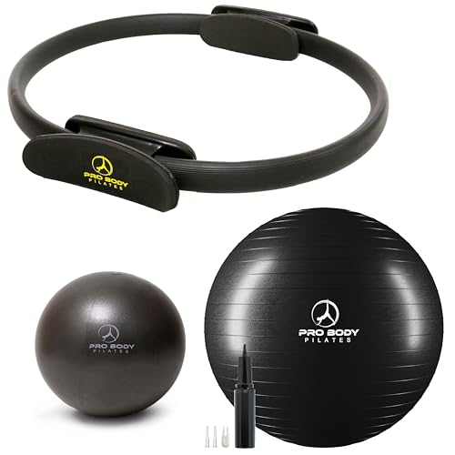 ProBody Pilates Black 14" Magic Circle, 9" Mini Exercise Ball and 65 cm Yoga Ball (3pcs) for Stability, Barre, Yoga, Core Training and Physical Therapy
