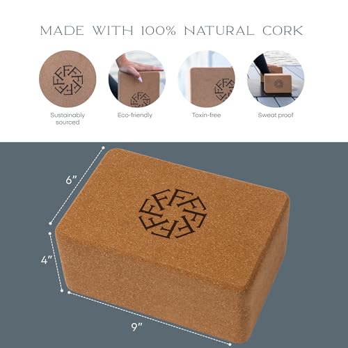 FFLLOOWW Premium Cork Yoga Block – Non-Slip, High-Density Support for Yoga, Pilates, Stretching, Home Workouts & Balance Training