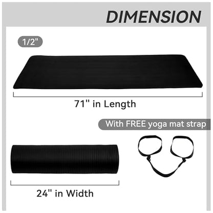 Fitvids Yoga Mat, 1/2-Inch Extra Thick High Density Exercise Mat, Anti-Tear Exercise Yoga Mat with Carrying Strap, Suitable for Various Yoga Exercises - color: Black